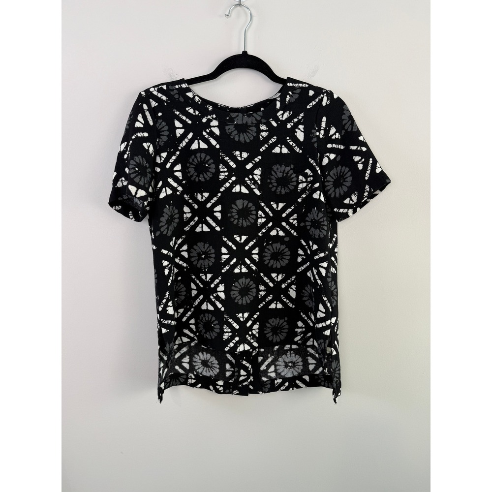 Madewell Industry Button Back Batik Short Sleeve High-Low Black Blouse Women XS